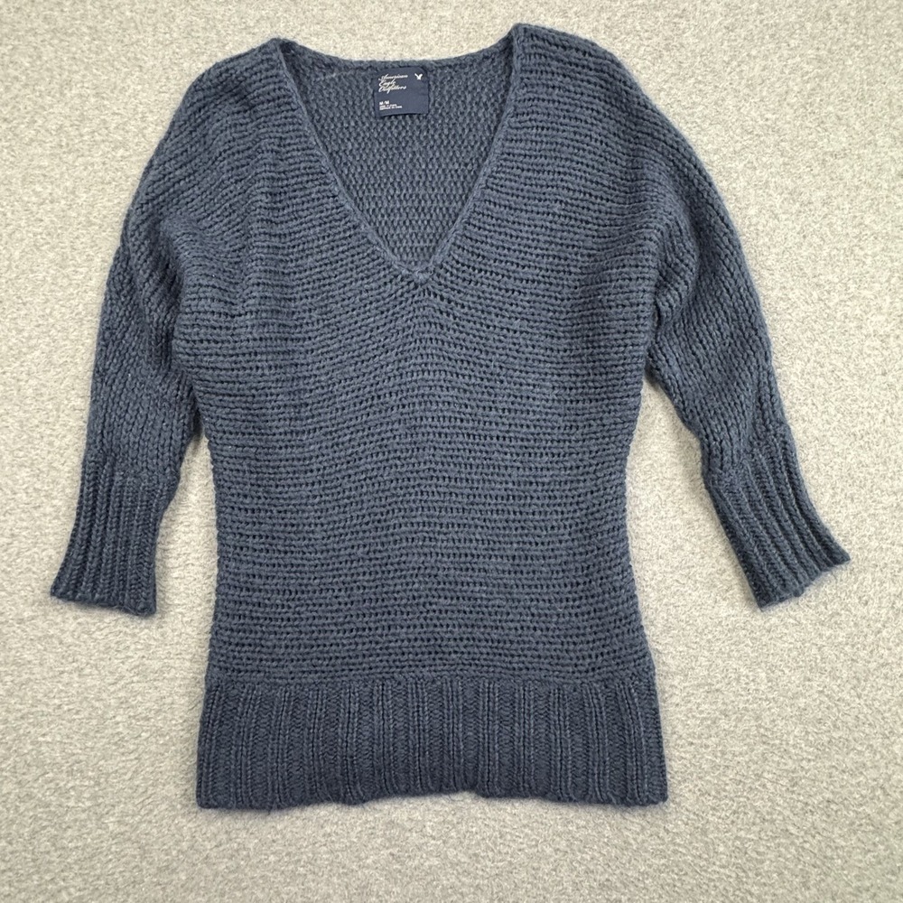 American Eagle Outfitters Navy V Neck Dolman Open Knit Mohair Wool Sweater M
